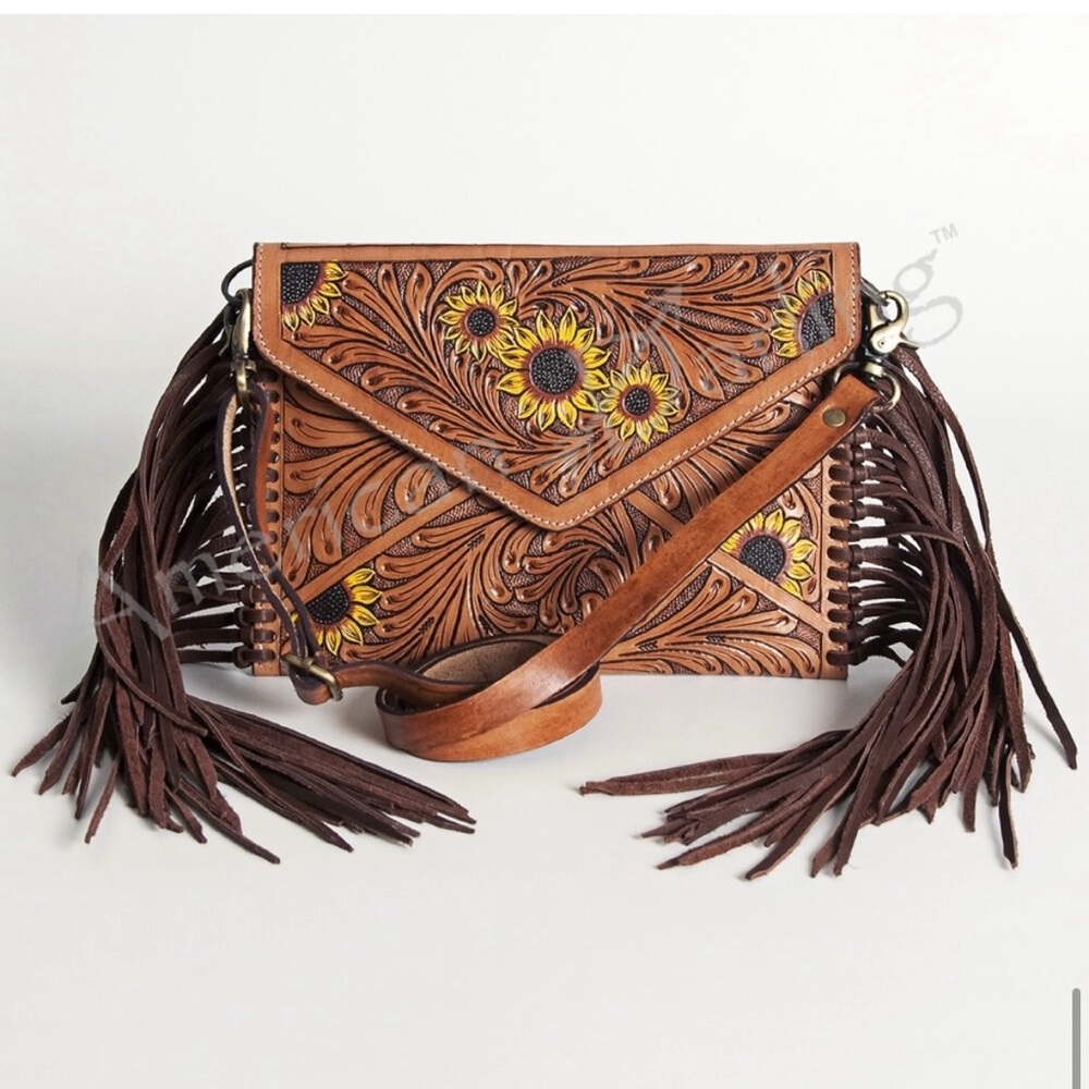 NWOT American Darling Leather Fringe Crossbody Bag with Sunflower Design